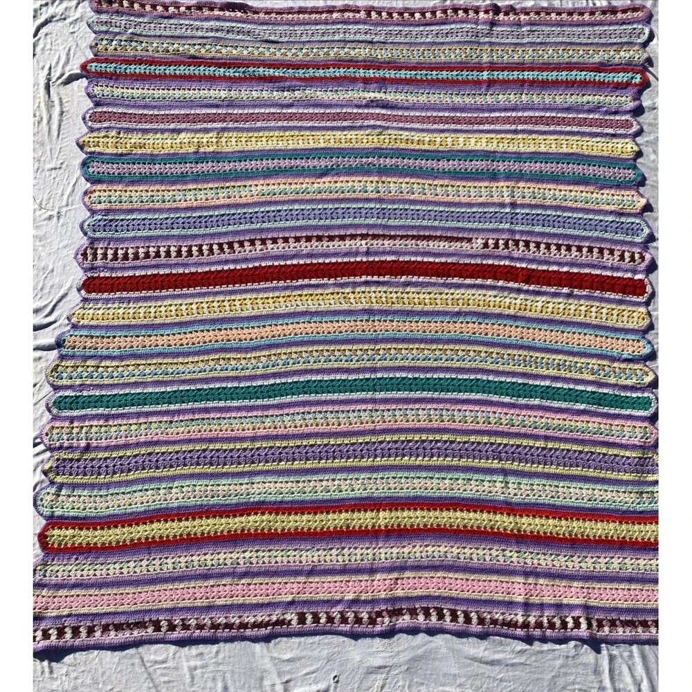 Handmade Knit Crochet Granny Striped Afghan Throw Blanket Rainbow  80